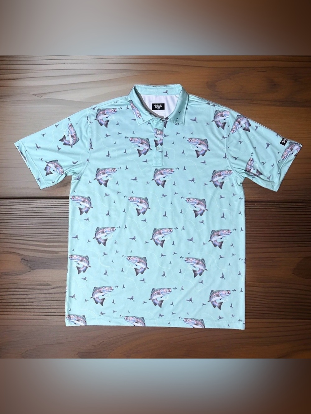 Waggle Mens XL Golf Polo Short Sleeve Shirt Fish Print Trout Athletic Turquois
